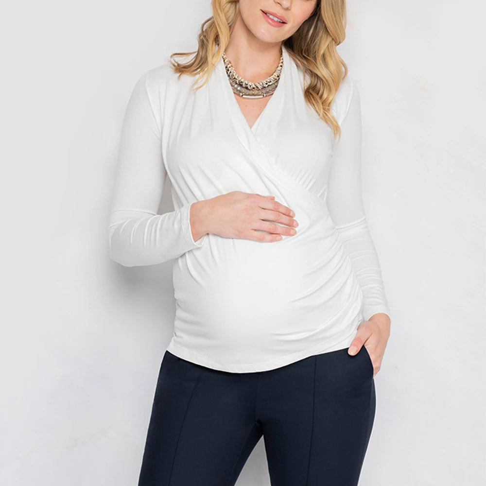 Осенняя одежда для беременных с длинными рукавами и v-образным вырезом; топы для кормящих мам; топы для беременных женщин; Топ для кормящих мам; Футболка для беременных - Цвет: White