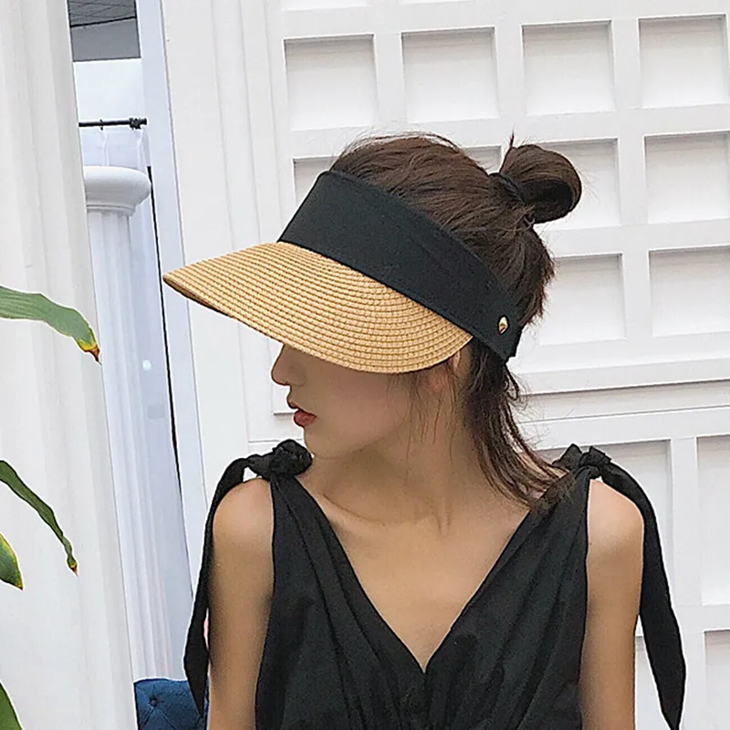 Summer Wear Woven Straw Hats Women Breathable Empty Top Casual Beach Visor Caps Wide Large Brim Hat Adjustable Foldable Sun Caps sun hat sun protection hat empty top hat