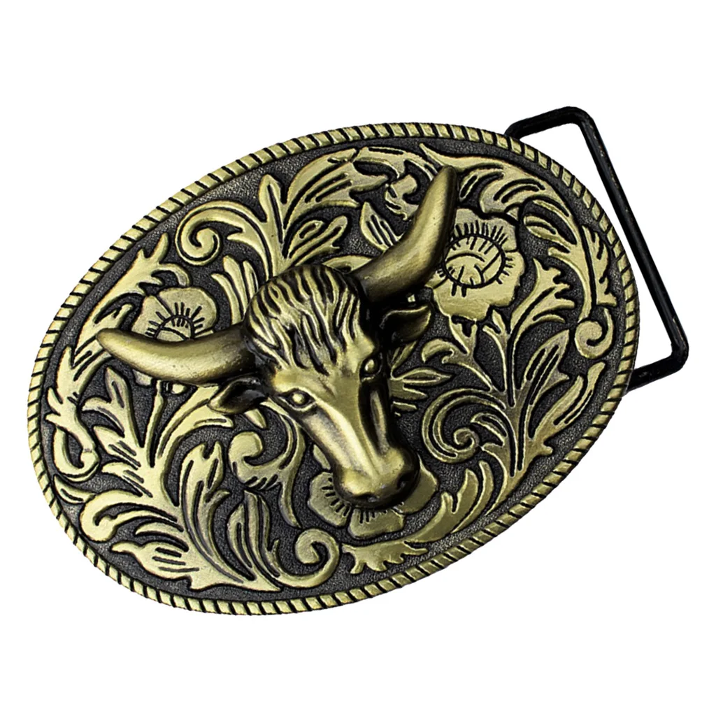 Arabesque Cow Bull Vintage Longhorn Buffalo Head Men' S Leather Belt Buckle Metal Cowboy 9.0 x 7.0cm