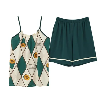 

Caiyier Diamond Grid Print Sleeveless Sexy Pajamas Set Girls Casual Summer Nightwear Cotton Comfortable Shorts Suit Pyjamas