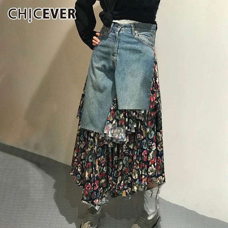 

CHICEVER Print Patchwork Denim Women's Skirts High Waist Asymmetrical Ruched Large Size Floral Skirt Female 2019 Autumn New
