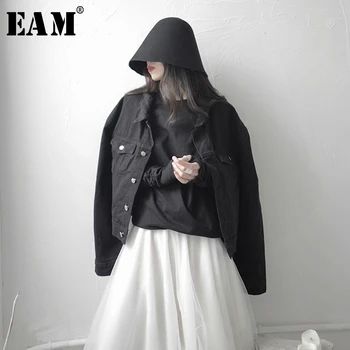 

[EAM] Loose Fit Black Pocket Split Joint Denim Big Size Jacket New Lapel Long Sleeve Women Coat Fashion Tide Spring 2020 1S666