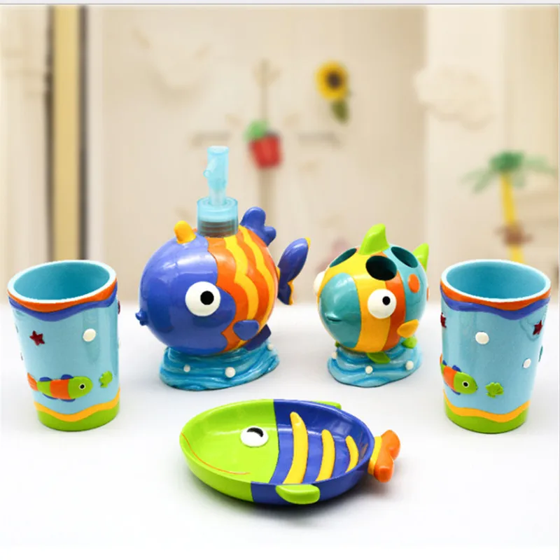 Free Shipping Resin Bathroom Accessories Set 5 Pieces Lovely Fish Resin Bathroom Accessories Set 5 Pieces