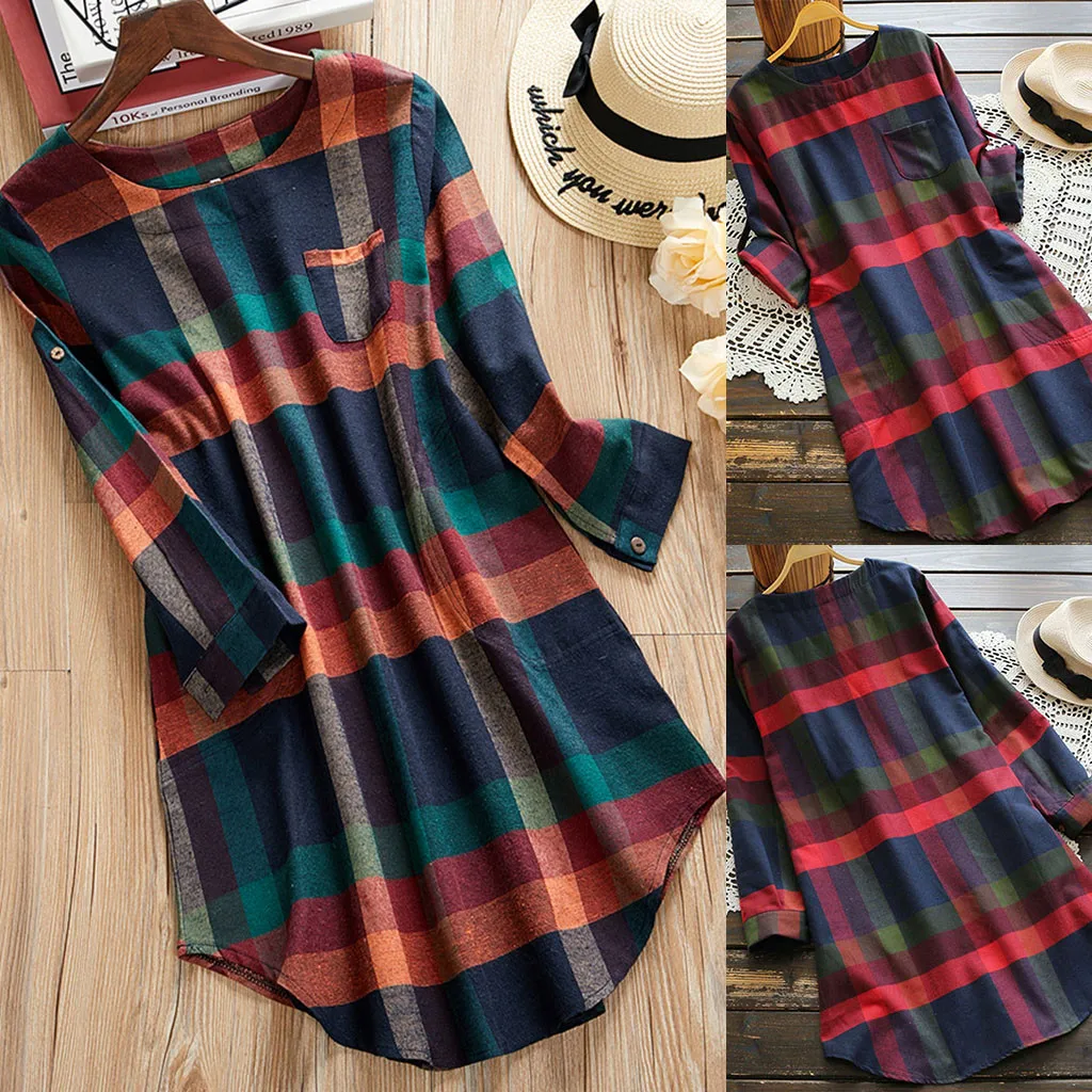 JAYCOSIN, женское осеннее платье,, элегантное, 4XL, 5XL размера плюс, платье для девушек, в клетку, с длинным рукавом, свободные, с карманами, винтажные платья Vestidos