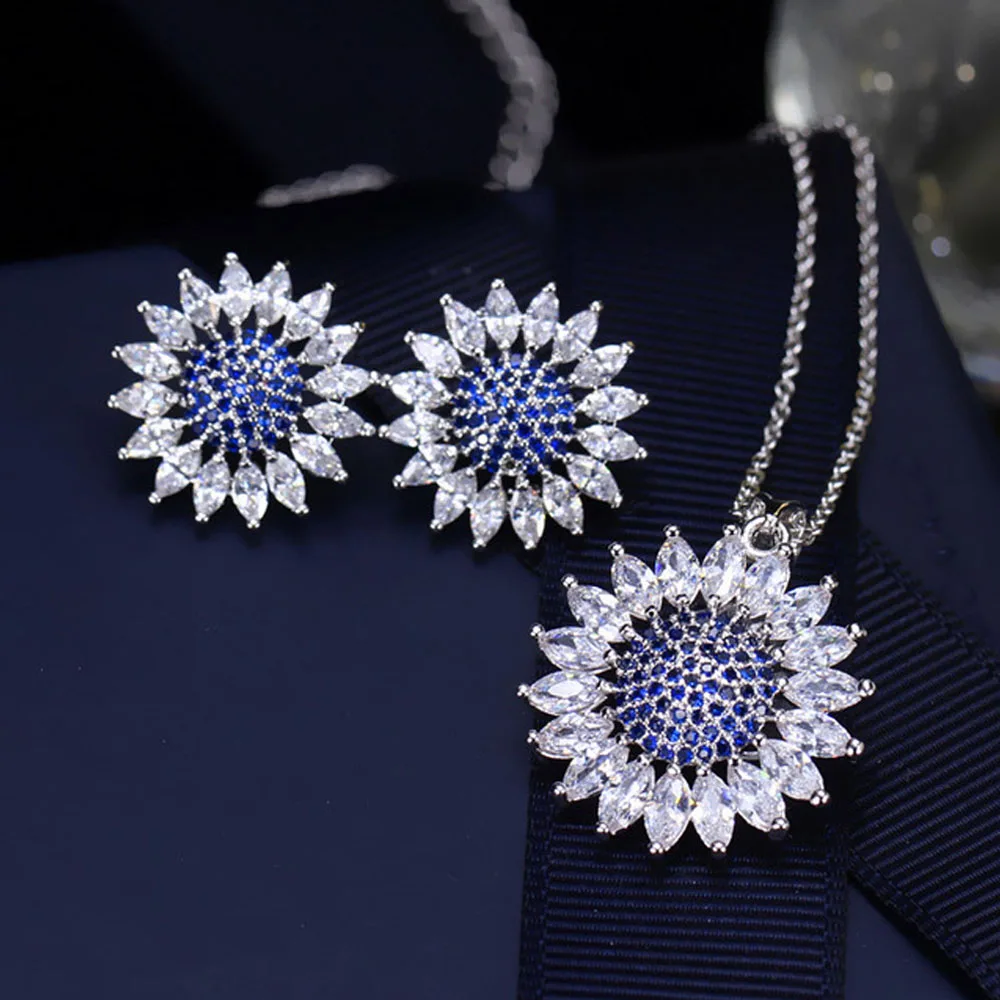 Blue ThreeGraces Модные женские серьги ожерелье микро проложить Королевский синий циркониевый камень белый кристалл большой Солнечный цветок летний ювелирный набор JS151 - Окраска металла: Blue