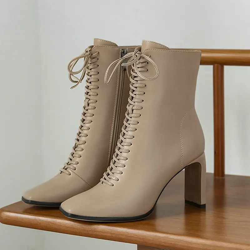 Женская обувь Модные ботильоны с квадратными носками Ботильоны Кожаные туфли