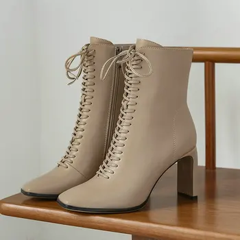 

Women Shoes Fashion Square Toe Ankle Boots Faxu Leather High Heel Boots Autumn Winter Female Shoes