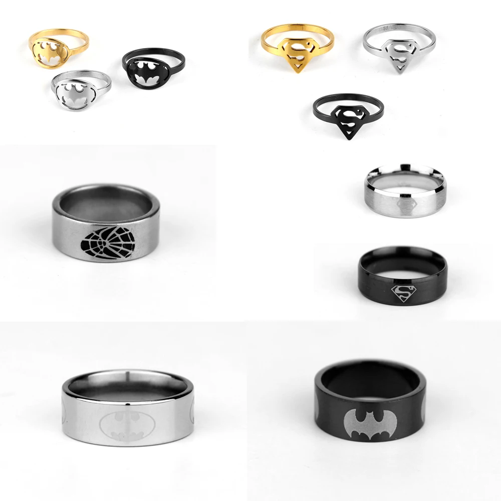 

Hot Sale Batman Ring 6 Type Alloy Jewelry Superman Spider-Man Avengers 4 Cosplay For Marvel Fans Gift Drop Shipping
