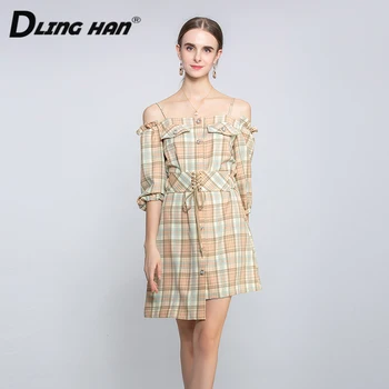 

DLINGHAN Fashion Plaid Print Dress Women's luxurious crystal Button Slash neck Dresses Designer Autumn New