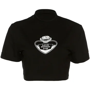 

Love Bottle Print Womens T-shirt Summer Sexy Navel Bare Crop Top Tees Streetwear Black Short Sleeve Crew Neck Lady T Shirt