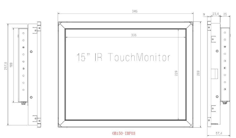1" HDMI TFT montor с ИК сенсором, открытая рамка, 2-6 касаний, встроенный тип, 1024*768, 250 нит, OB150-IBF03