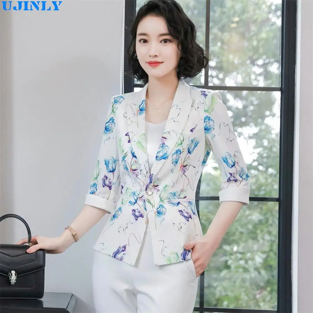 

Wear Half-sleeve Shirt Suit Women's Spring And Autumn New Style Elegant Commuting Slim Fit Slimming Printed Short Jacket Small S