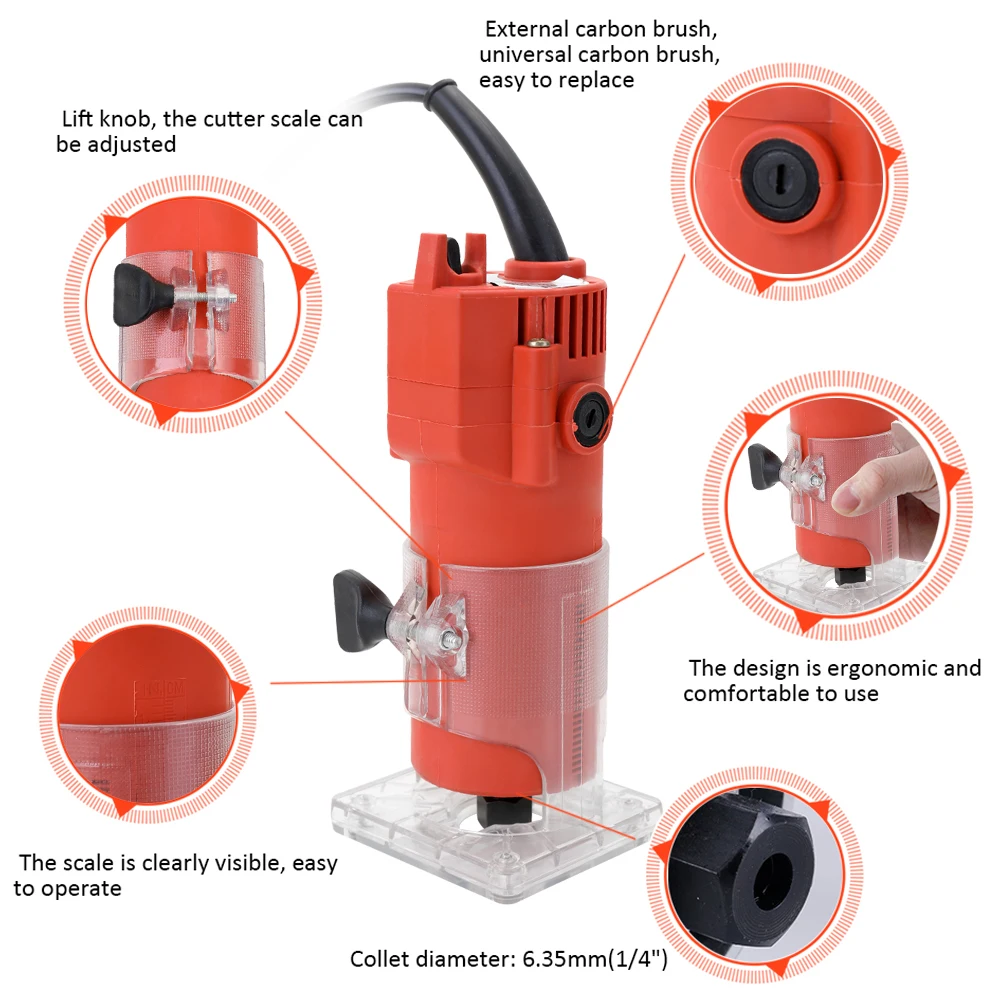 Electric Hand Trimmer Router Wood toolCarving Machine Flip Board Woodworking Milling Engraving Slotting Trimming Aluminum Alloy