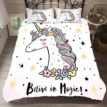 

Printed Cute Unicorn White Comforter Bedding Sets Full Size Five Stars Flowers Cartoon Bedding Duvet Cover Sets Kids Single GTY