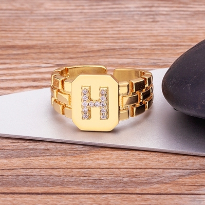 Arrival Fashion Gold Color Initial Ring Open Design Adjustable Hot Sale Watchband Chain A-Z Letters Zircon Rings For Women