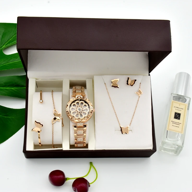 

Fashion Women Quartz Watch Set Luxury 5 Pcs Butterfly Necklace Bracelet Anklet Earrings Jewelry Sets Ladies women Festival Gifts