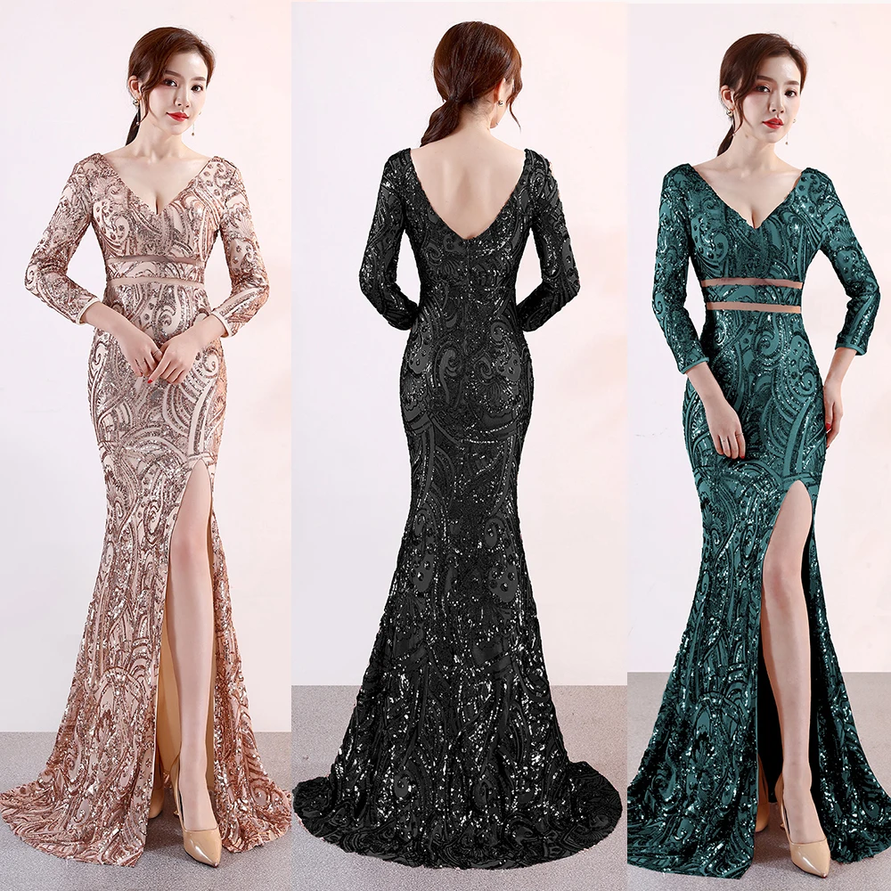 

Sexy Backless V-Neck Long-Sleeve Evening Dress Split Floor-Length Formal Occastion Women Vestidoes Sequin Embroider Party Robes