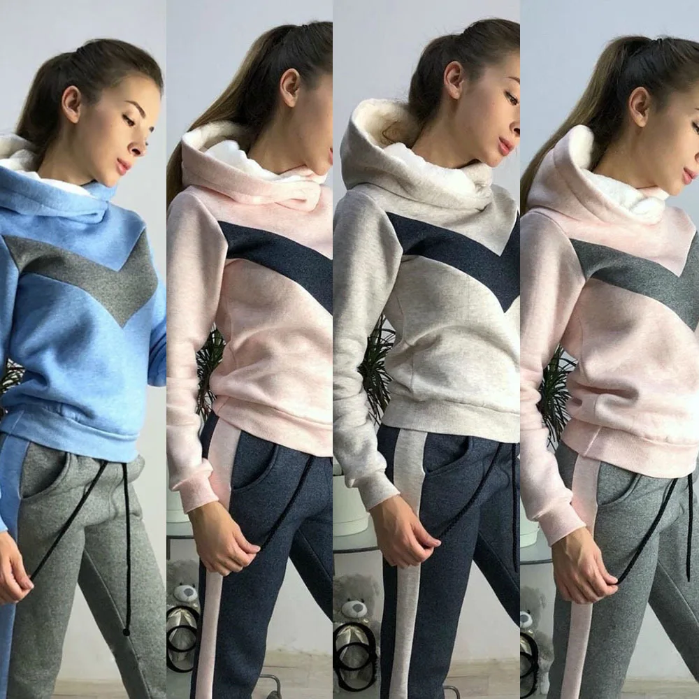 

2 Piece Set Women Fleece Hoodies Pant Clothing Set Warm Clothes Ladies Patchwork Tracksuit Women Set Top Pants Suit Female