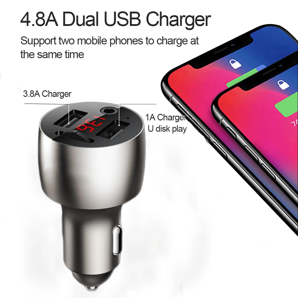 AUX 블루투스 5.0 FM 송신기 무선 변조기, 듀얼 USB 차량용 충전기, 핸즈프리 차량용 MP3 플레이어, 알루미늄 합금 본체, 3.5mm, 4.8A