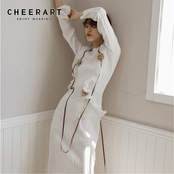 

CHEERART White Pleated Long Midi Dress Ruffle Flower Patch Designer Autumn Dress Women Long Sleeve Fashion Korean Clothes