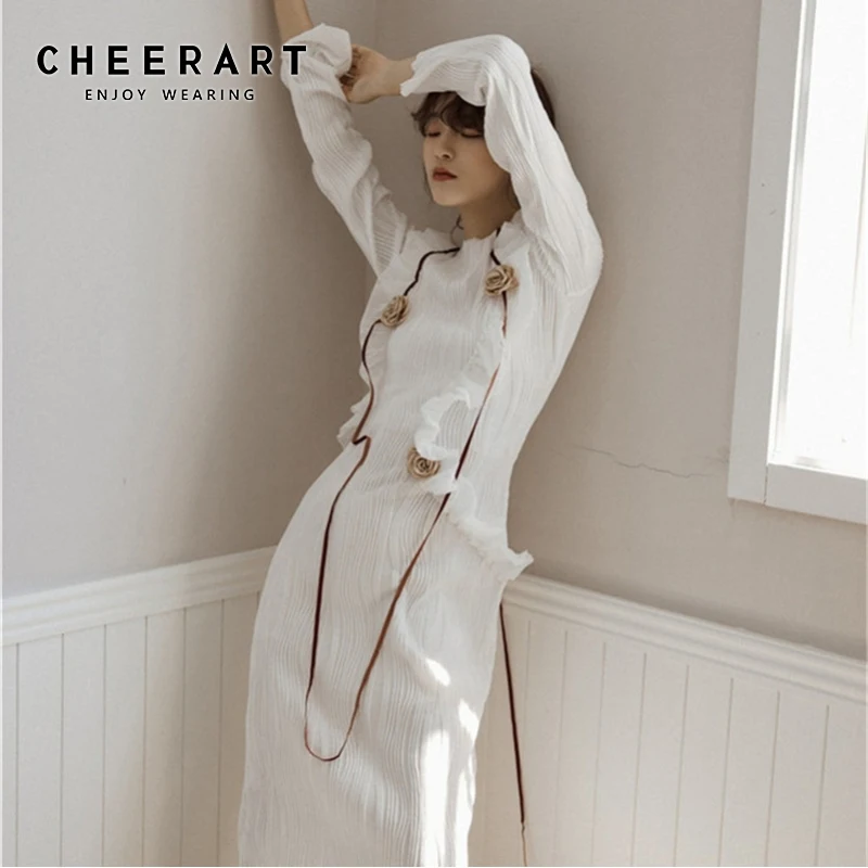 CHEERART белое Плиссированное длинное платье миди с оборками и цветочным принтом
