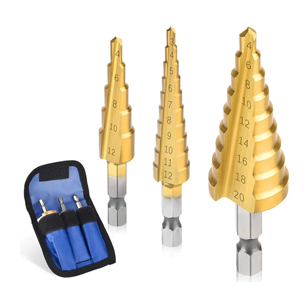 3Pcs/set 3-12mm 4-12mm 4-20mm HSS Straight Groove Step Drill Bit Titanium Coated Wood Metal Hole Cutter Core Drilling Tools Set 1 3pcs 3 12mm 4 12mm 4 20mm hss straight groove step drill bit set titanium coated wood metal hole cutter core drill bit set