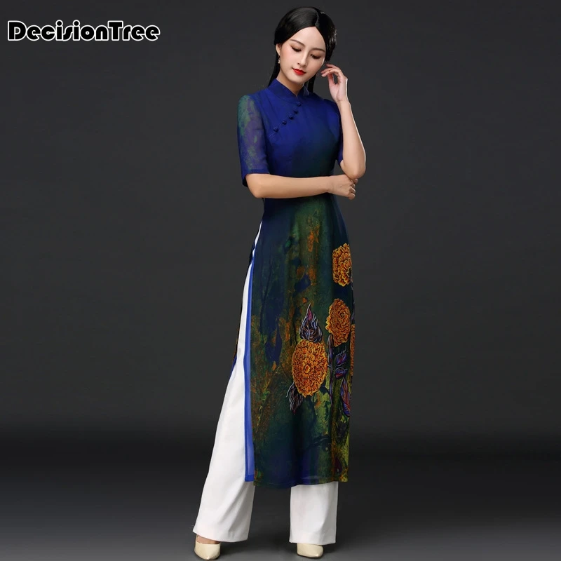 ao dai комплект азиатской одежды вьетнамская одежда ao dai вьетнамская женская шифоновая длинная одежда с коротким рукавом+ вечерние Брюки