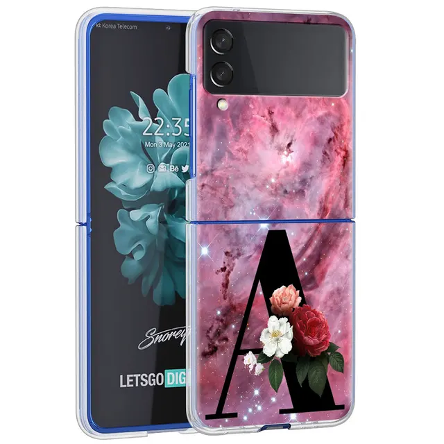 Letter A B Flowers Pink Case For Samsung Galaxy Z Flip 3 5G Transparent Hard Cell Phone Cover ZFlip3 Clear PC Luxury Fundas H01