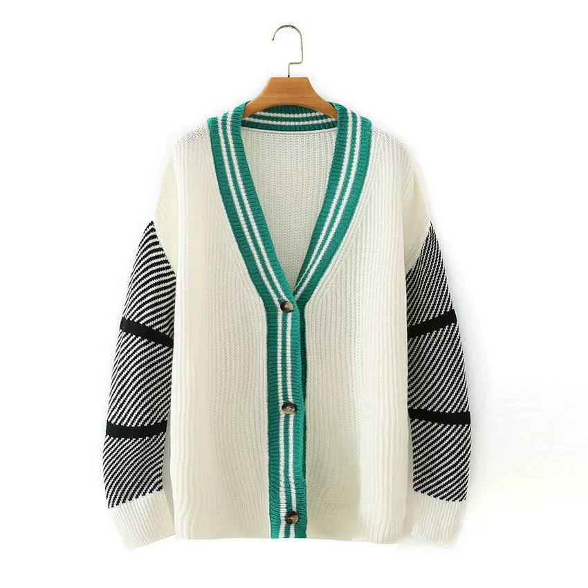 

Fashion White Oversize Cardiagn Sweater Women Green Stripe Hem Patchwork Low Button Knitwear V-Neck Knitted Coat Spring Autumn