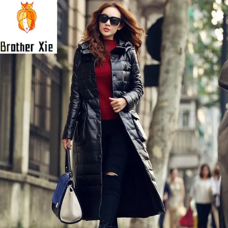 

Genuine Leather Down Jacket Women Streetwear Long Hooded Sheepskin Coat Autumn Winter Fashion Slim Outerwear Plus Size