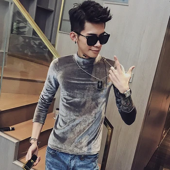 

2019 autumn and winter Korean version of the self-cultivation gold velvet long-sleeved t-shirt net red trend men's shirt