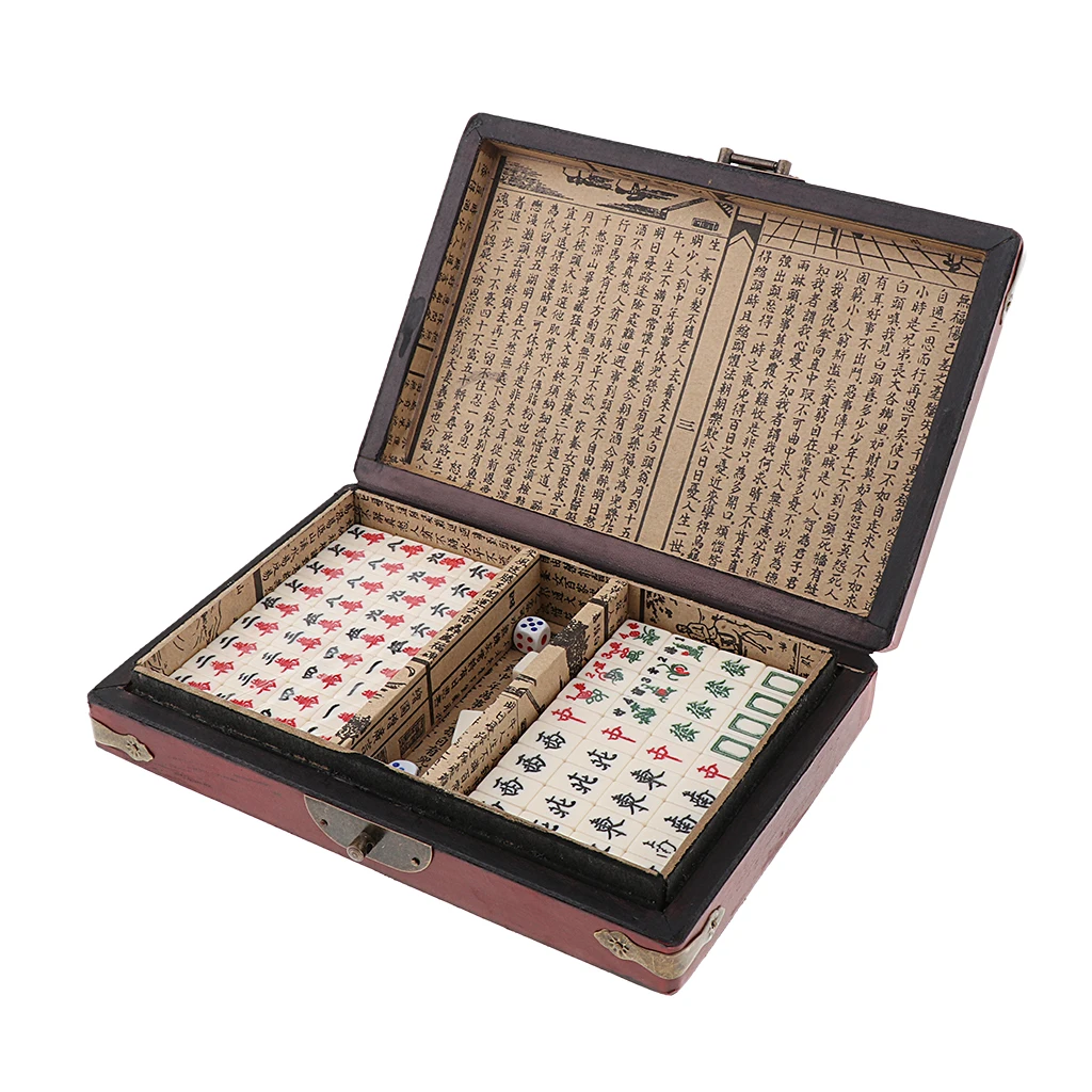 Chinese Mahjong Toy Set, Classic Board Game 144 Tiles Set with a Wooden Box and Manual