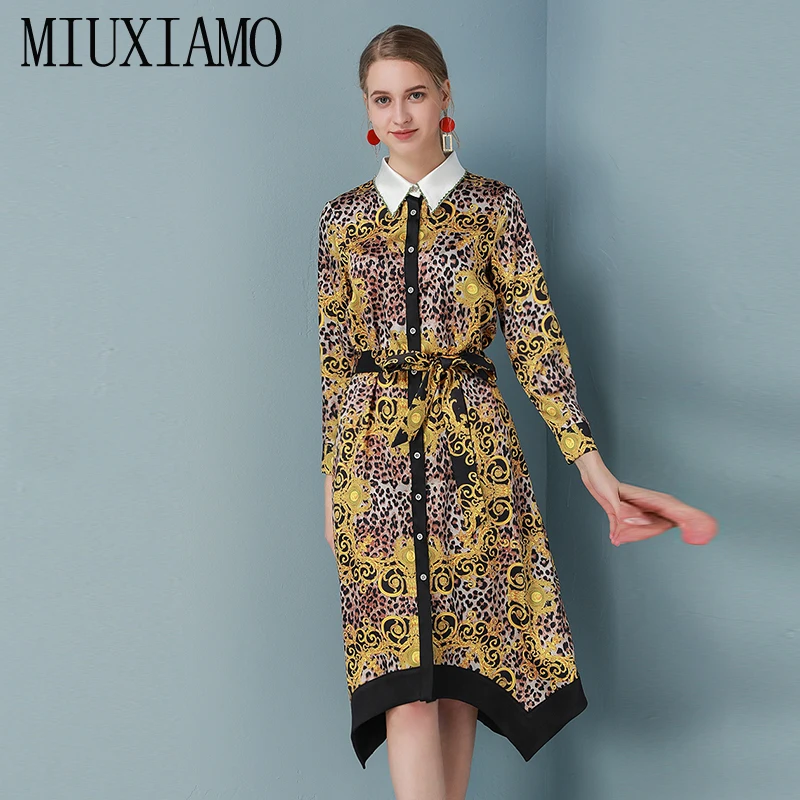 MIUXIMAO, высокое качество, осень и весна, платье с цветочным принтом, неравномерное, офисное, женское, элегантное, Повседневное платье, женское платье с поясом