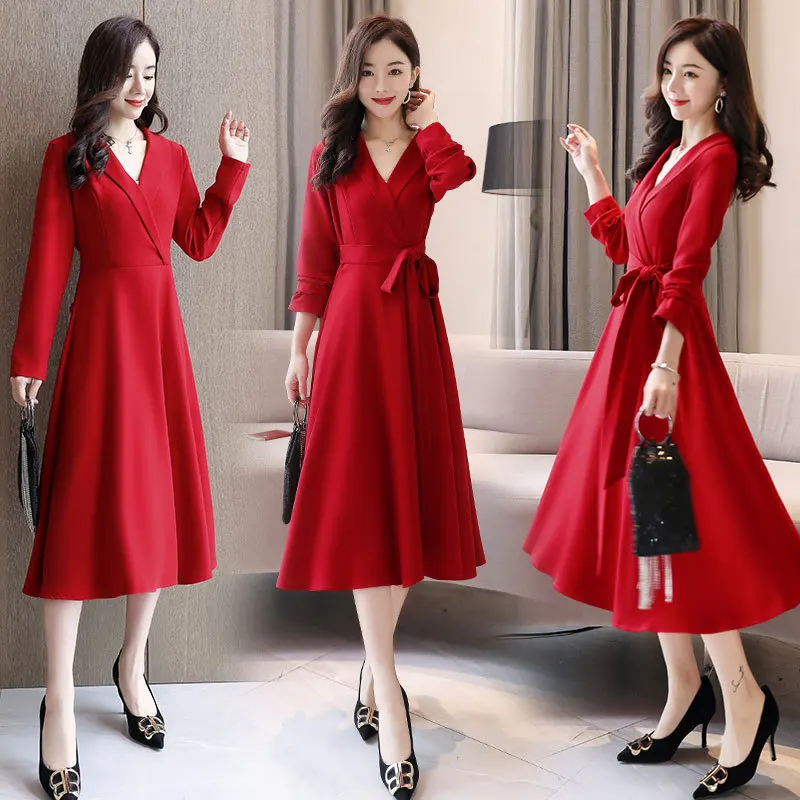 

Dress Women's 2020 Spring Clothing New Style Waist Hugging Slimming Elegant Early Spring Korean-style Young-Style Long Sleeve Po