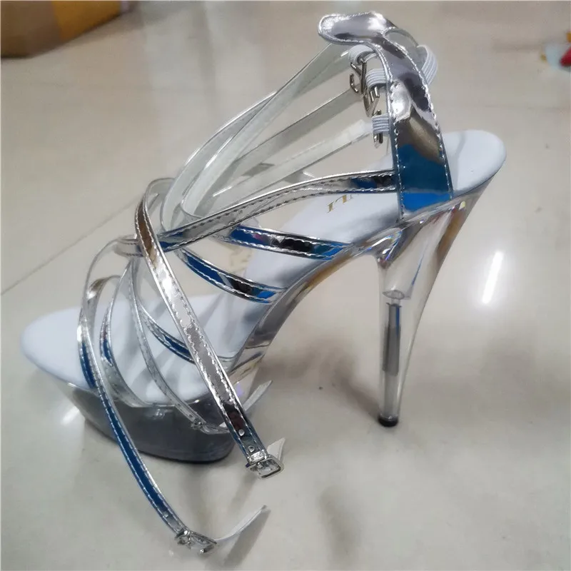 Sexy women's shoes brand 15cm silver strap heels, thin toe peep-toe 6-inch Roman high heels dancing shoes