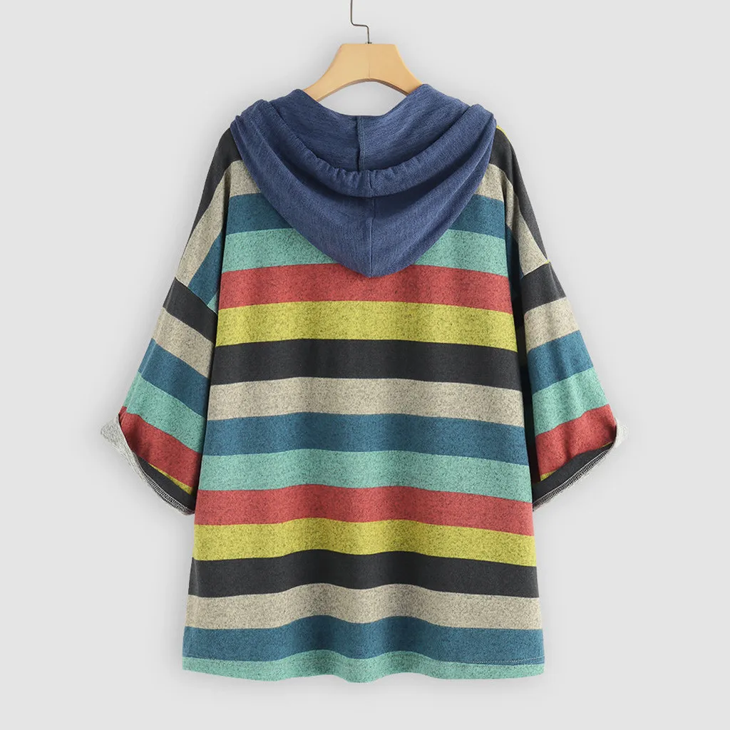 Jaycosin Fashion Autumn Casual Female O-Neck Multicolor Striped Sweatshirt Long Sleeve Comfortable Pocket Jumper Pullover 14#4