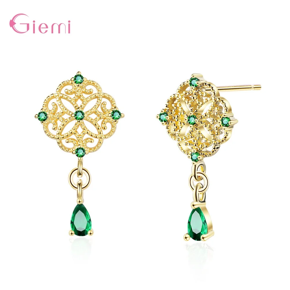 

Ethnic Retro 925 Sterling Silver Female Earrings Shining Green Water Drop Cubic Zircon Wedding Party Bijoux Jewelry