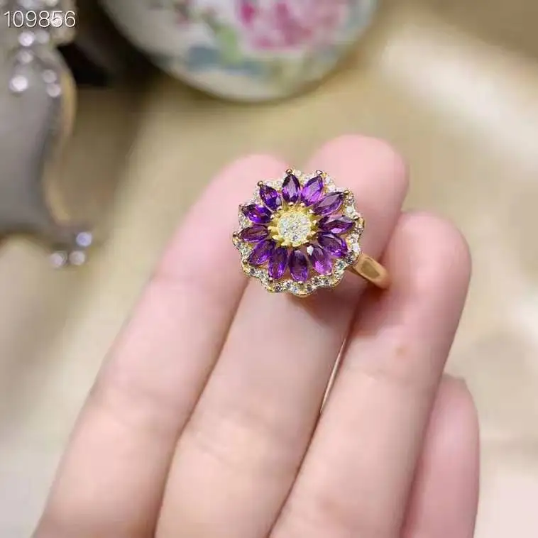 Pictured Натуральный аметист S925 солнце цветок кольцо модное и красивое подходит для помолвки и вечерние - Цвет камня: Pictured