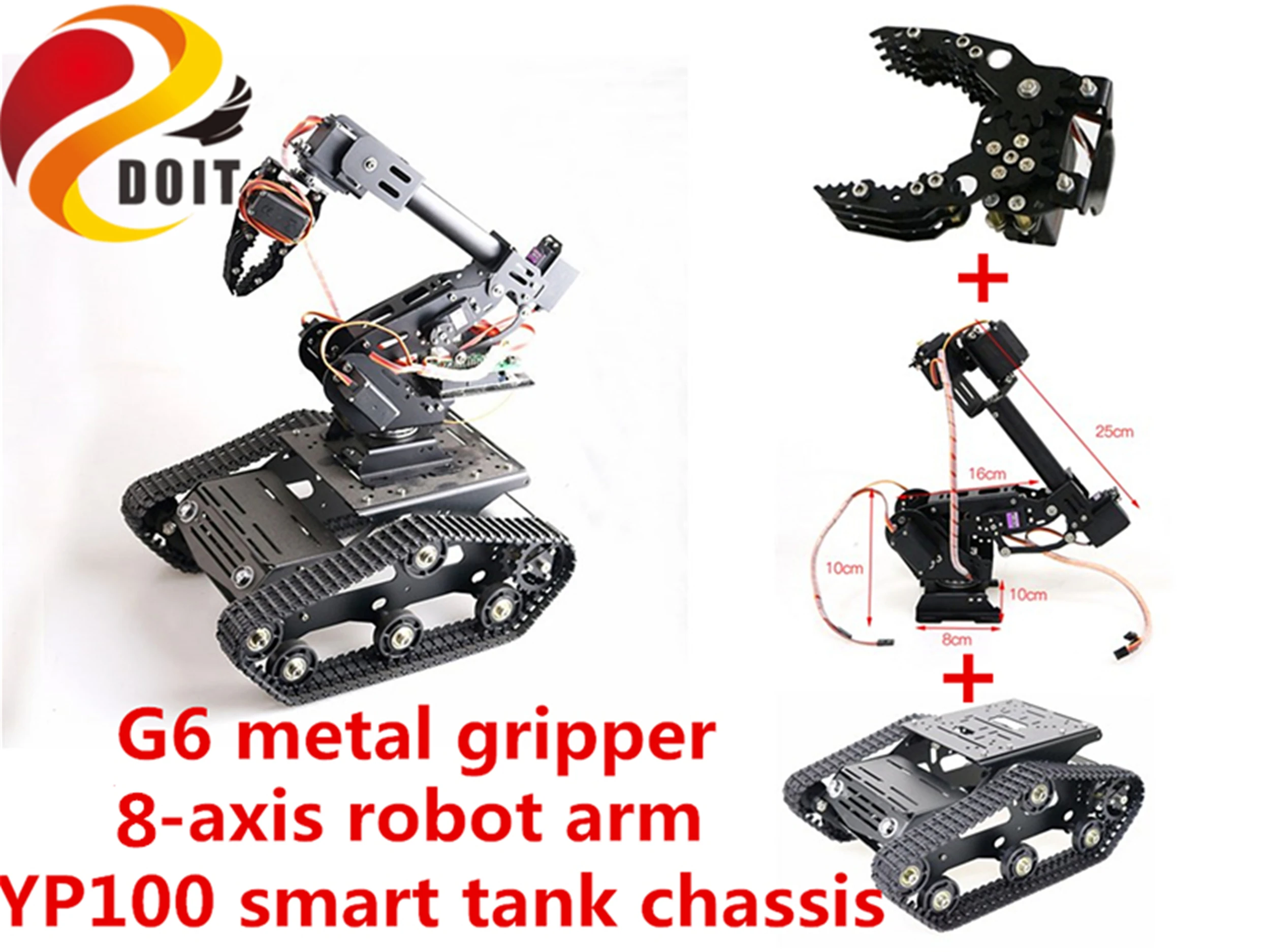 SZDOIT Full Metal 8-axis Mechanical Robot Arm with Gripper + YP100 Tracked Tank Chassis Kit 8DOF Robotic Vehicle DIY for Arduino | Игрушки и