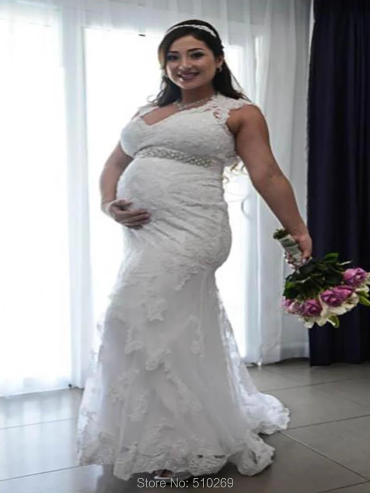 

Custom-made Maternity High Waist Fit and Flare Keyhole Back Plus Size Capped Sleeve Handmade Beading Lace Bridal Gowns