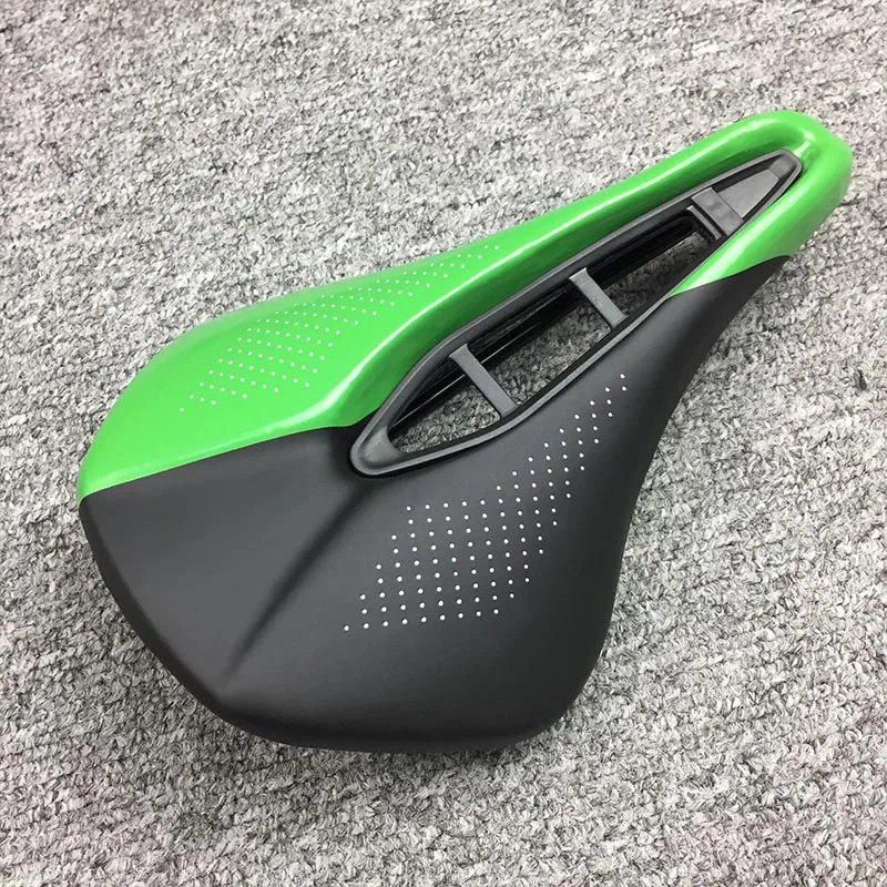 Hollow Mountain Bicycle Saddle race Road MTB Bike Saddle Triathlon Tri TT racing Cycling Saddle steel rail Cushion PU Soft Seat - Цвет: Green-black