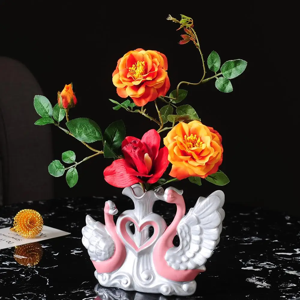 Modern Swan Ceramic Vase+Artificial Flower Ornaments Wedding Gifts Home Livingroom Desk Figurines Furnishing Crafts Decoration
