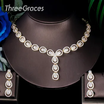 

ThreeGraces Micropave Cubic Zirconia Stone Luxury African Gold Color Necklace and Earring Jewelry Sets for Women Wedding JS004