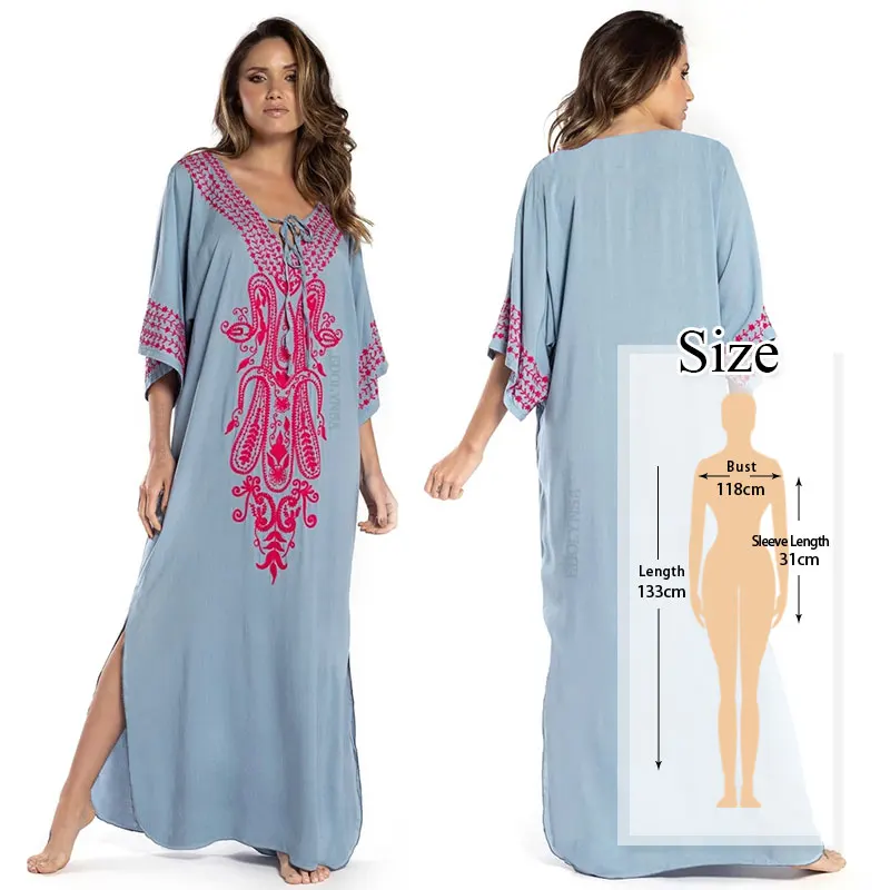 Синее богемное вышитое летнее пляжное платье с коротким рукавом, хлопковая туника, женское пляжное платье миди, Robe de plage sarong N925 - Цвет: N775-Grey-925