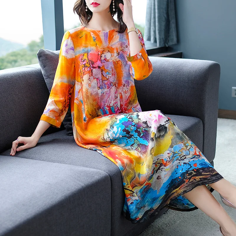 Silk Dress Women's Printed Loose-Fit Slimming 2019 Spring Clothing New Style Chinese-style Mulberry Silk Long Skirts Silk Dress Women's Printed Loose-Fit Slimming 2019 Spring Clothing New Style Chinese-style Mulberry Silk Long Skirts