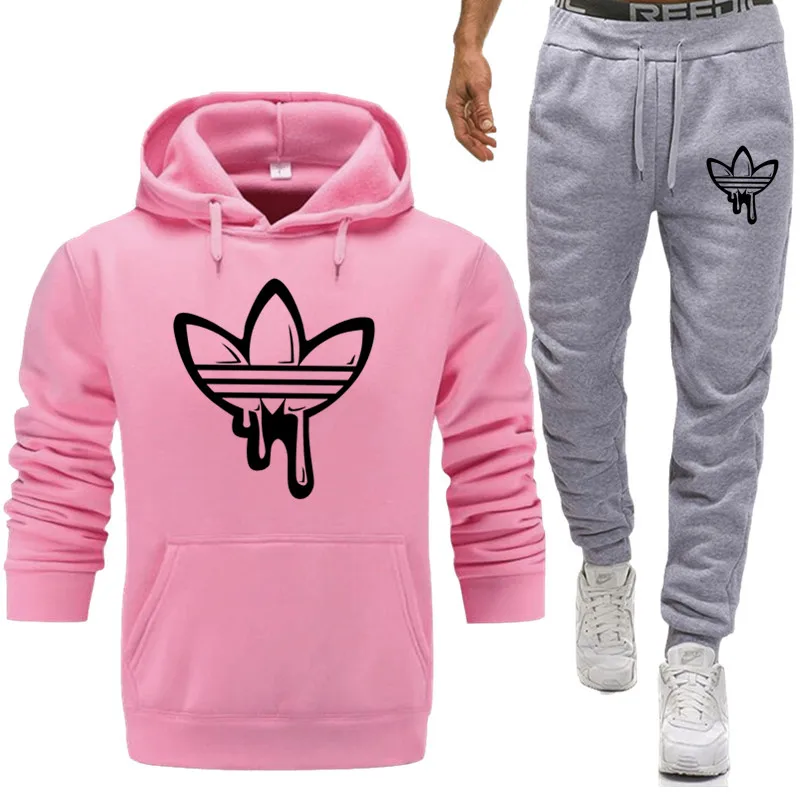 Pink 1 Мужской комплект из двух предметов, новая модная толстовка с капюшоном, спортивная одежда для мужчин, спортивный костюм, толстовка с капюшоном, осенняя мужская брендовая одежда, толстовки+ штаны, комплекты - Цвет: Pink 1