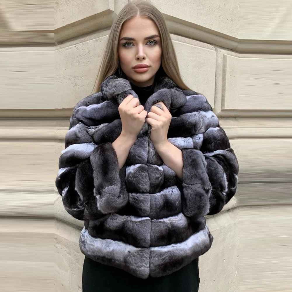 Fashion Short Natural Rex Rabbit Fur Coat Stand Collar Chinchilla Color Whole Skin Genuine Rex Rabbit Fur Jacket Female Outwear