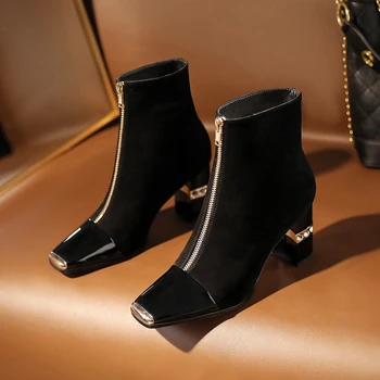 

Fashion Metal Square toe women boots high Heeled Party Shoes Woman Zipper Short BootsWomen Autumn Winter Ankle Boots