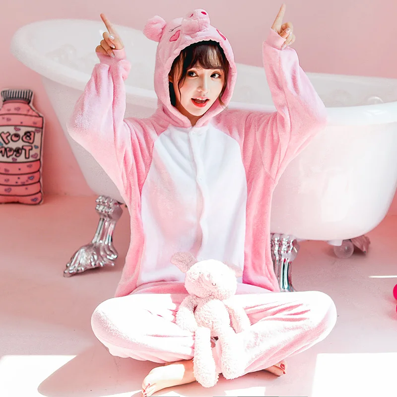 Powder pig Женские пижамы с единорогом, комплекты кугуруми, фланелевые пижамы с милыми животными, женские зимние пижамы с единорогом и пандой, пижамы, домашняя одежда - Цвет: Powder pig
