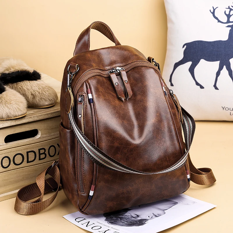 

Brown Backpack Women Leather Bagpack Multifunction Ladies Shoulder Backpack High Quality Vintage Leisure Female Travel Back Pack